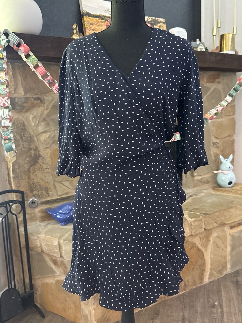 LOFT Navy and White Polka Dot Wrap-Style Mini romper shorts